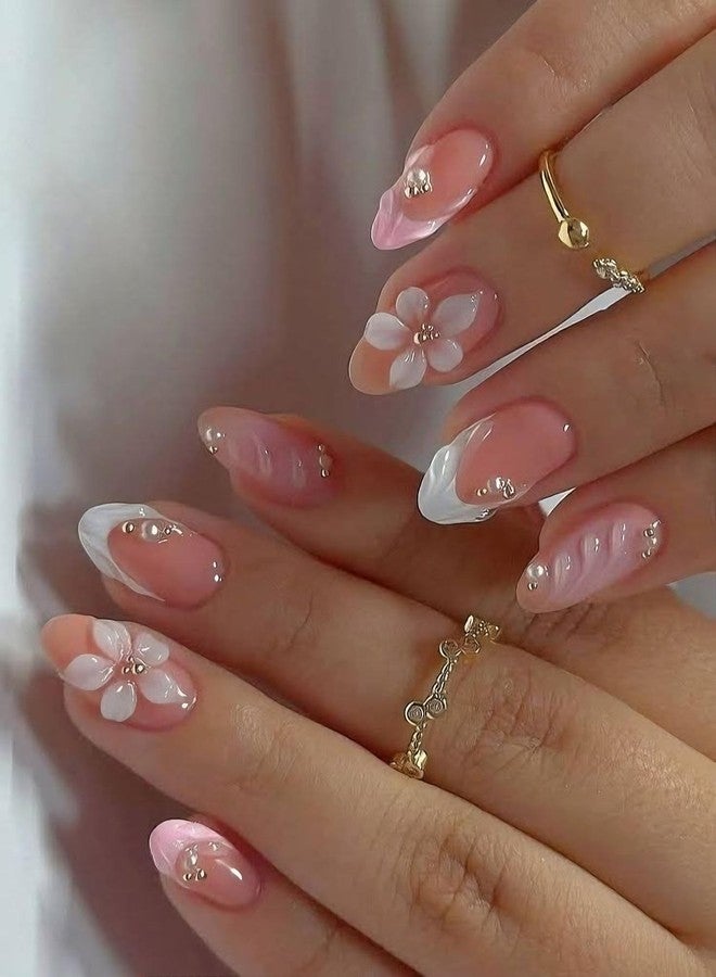 OCOUYVD 24 Pcs Flower Press on Nails Short Almond Reusable Fake Nails with 3D Pearl Design White French Tip Acrylic Nail Kit Glossy Full Cover False Nails Stick on Nail for Women Manicure Art Gifts - Image 1